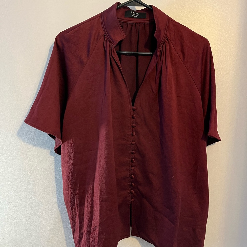 Brass Elegant Satin Burgundy Button Blouse
